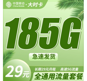 移动大时卡29元185G全通用流量